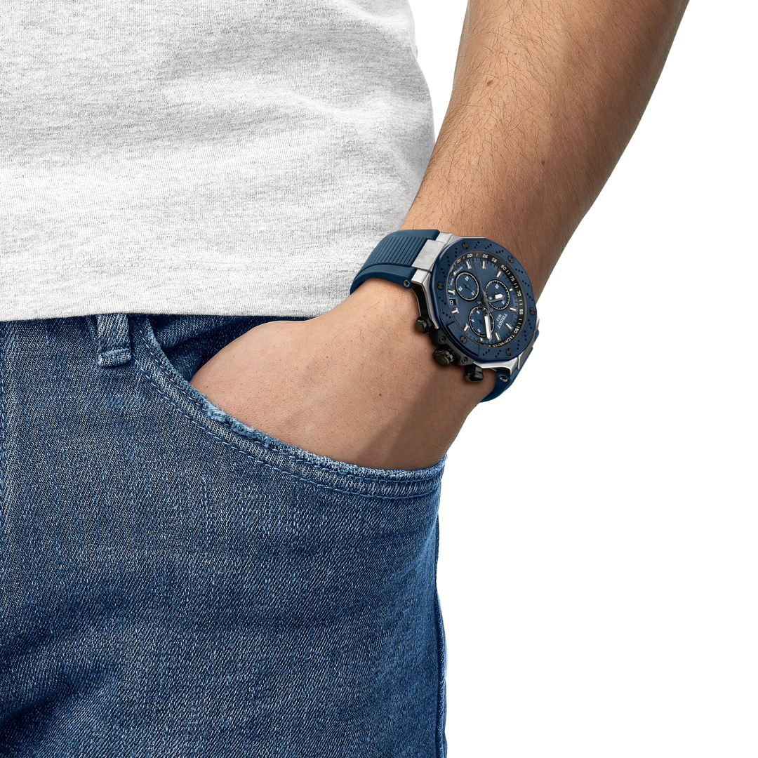 Simulation of the watch Tissot T-Race 45mm on a wrist, reference T141.417.27.041.00