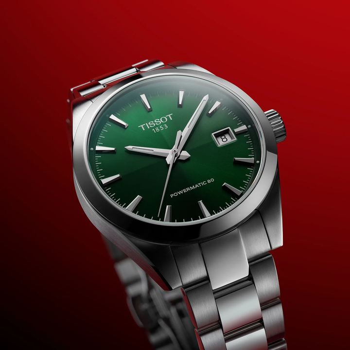 Tissot Gentleman 38mm watch on a colored background, reference T165.807.11.091.00