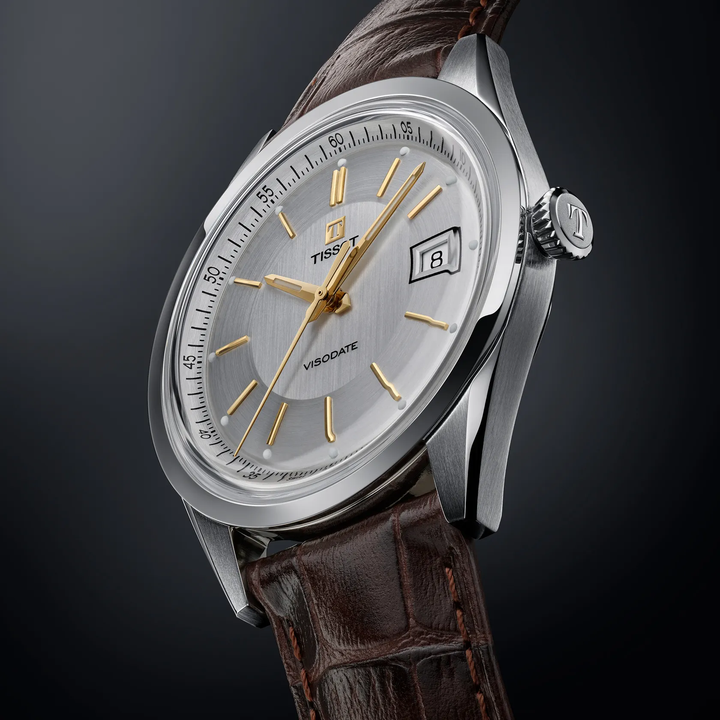 Tissot Visodate 39mm watch on a colored background, reference T157.407.16.031.00