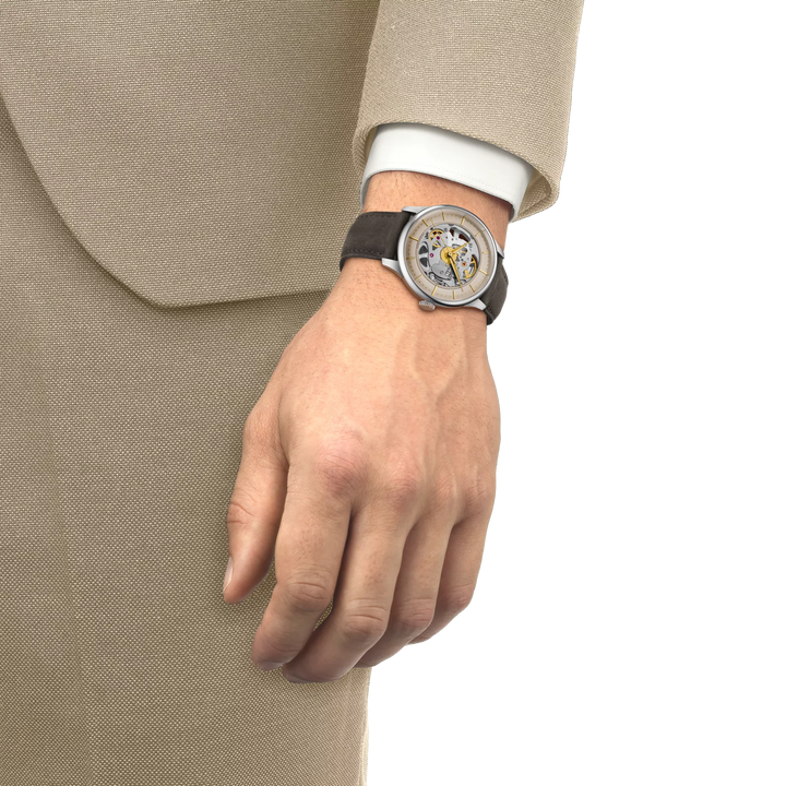 Simulation of the watch Tissot Chemin Des Tourelles Skeleton 39mm on a wrist, reference T139.836.16.261.00