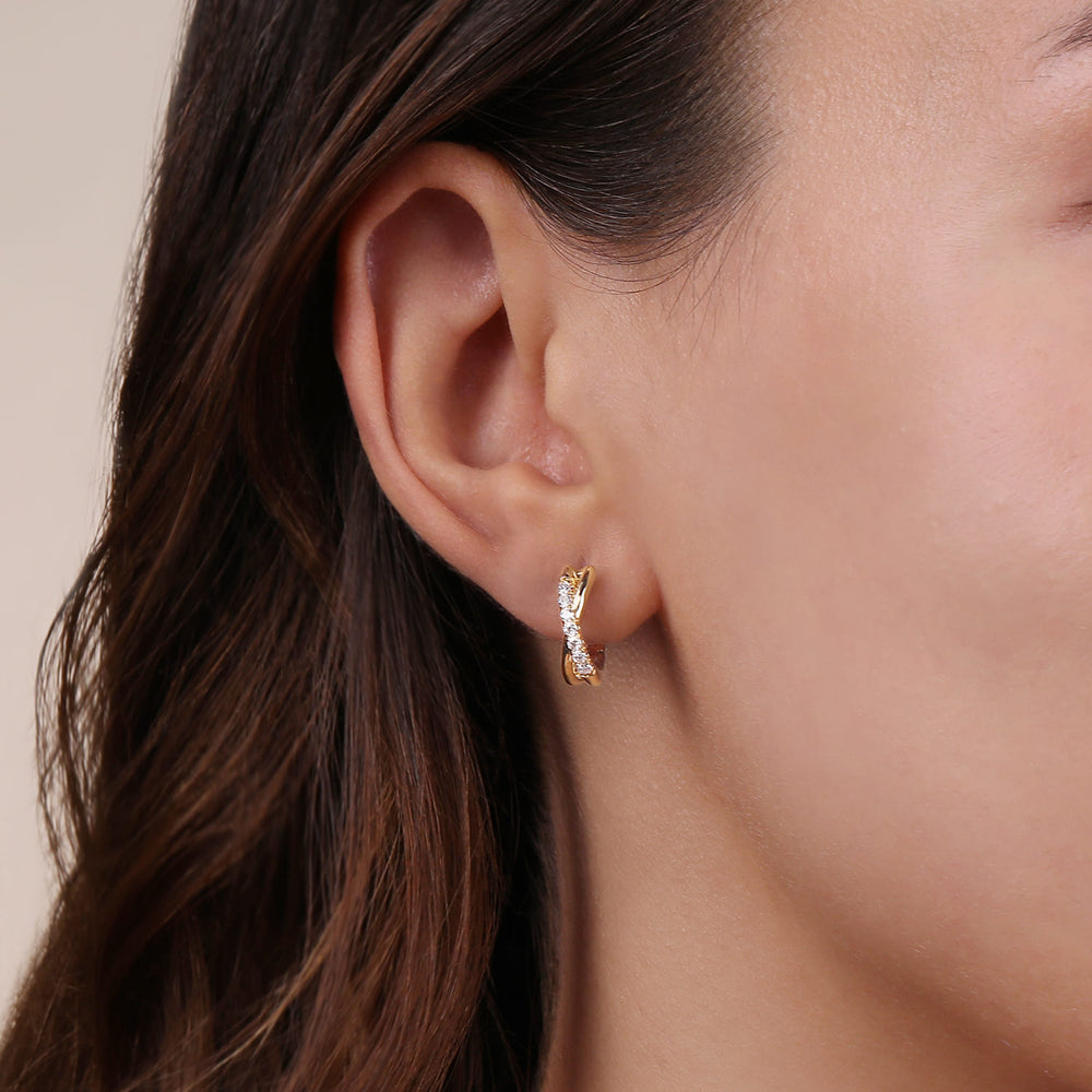 Gabriel & Co. 14K Yellow Gold 15mm Diamond Huggies Earrings — shown on a model; other jewellery sold separately — EG13328Y45JJ