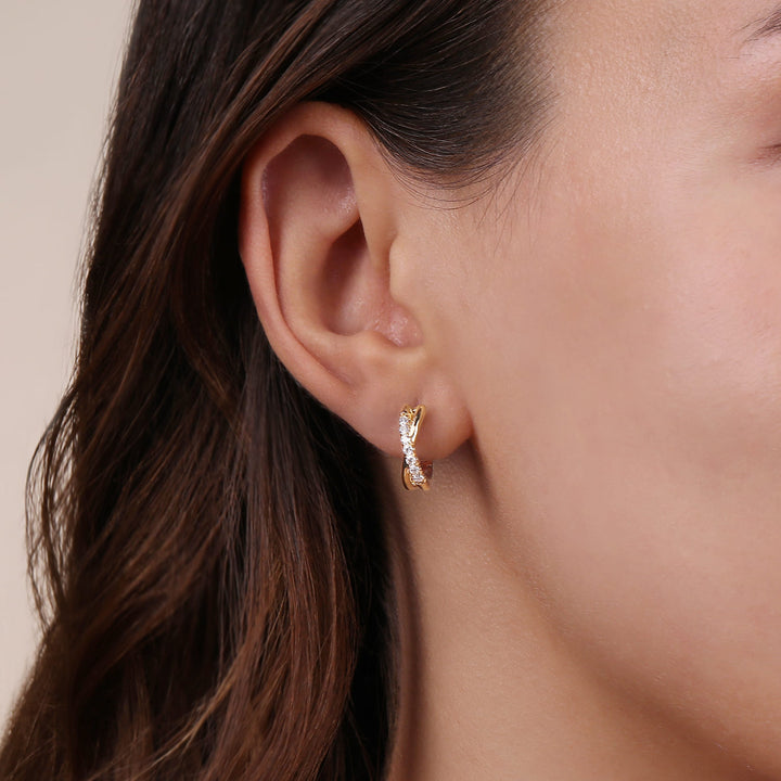 Gabriel & Co. 14K Yellow Gold 15mm Diamond Huggies Earrings — shown on a model; other jewellery sold separately — EG13328Y45JJ