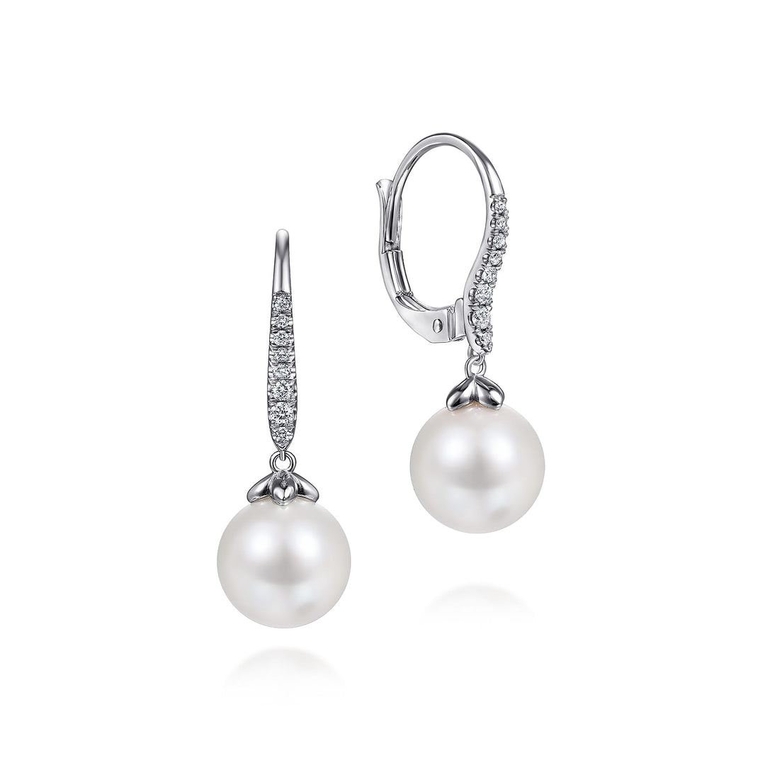 Gabriel & Co. 14K White Gold Pearl and Diamond Leverback Earrings — front view — EG13693W45PL