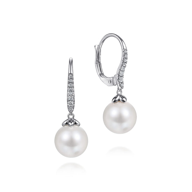 Gabriel & Co. 14K White Gold Pearl and Diamond Leverback Earrings