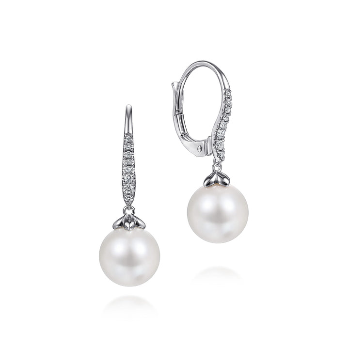 Gabriel & Co. 14K White Gold Pearl and Diamond Leverback Earrings — front view — EG13693W45PL