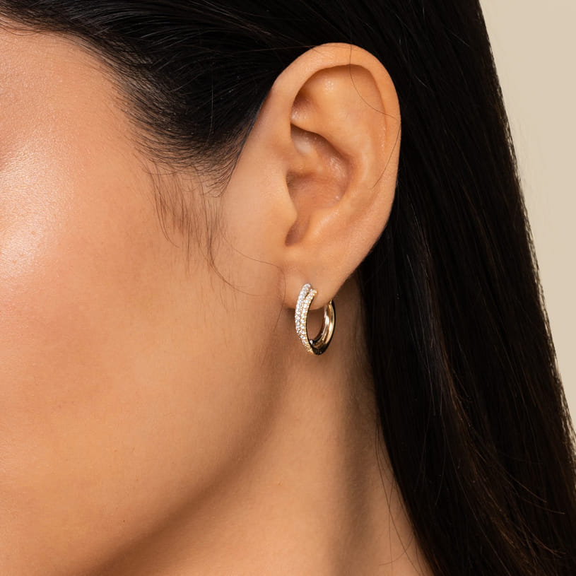 Gabriel & Co. 14K White and Yellow Gold 15mm Diamond Huggie Earrings — shown on a model; other jewellery sold separately — EG13839M45JJ