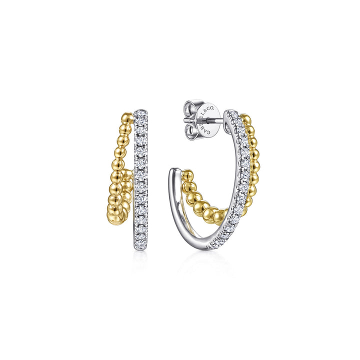 Gabriel & Co. 14K White and Yellow Gold 20 mm Diamond and Bead Double Row Classic Hoop Earrings — front view — EG13973M45JJ