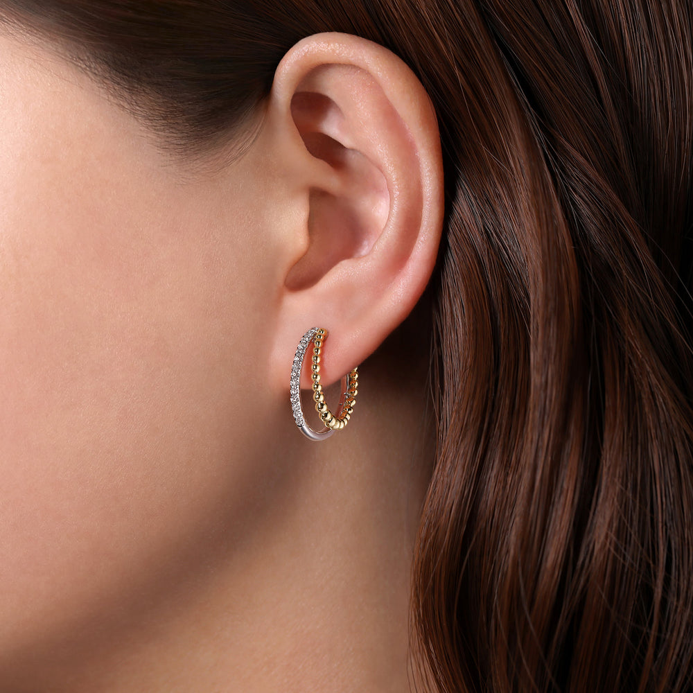 Gabriel & Co. 14K White and Yellow Gold 20 mm Diamond and Bead Double Row Classic Hoop Earrings — shown on a model; other jewellery sold separately — EG13973M45JJ
