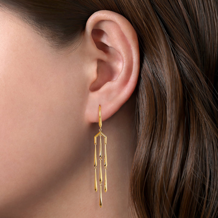 Gabriel & Co. 14K Yellow Gold Linear Gold Chandelier Earrings — shown on a model; other jewellery sold separately — EG14199Y4JJJ