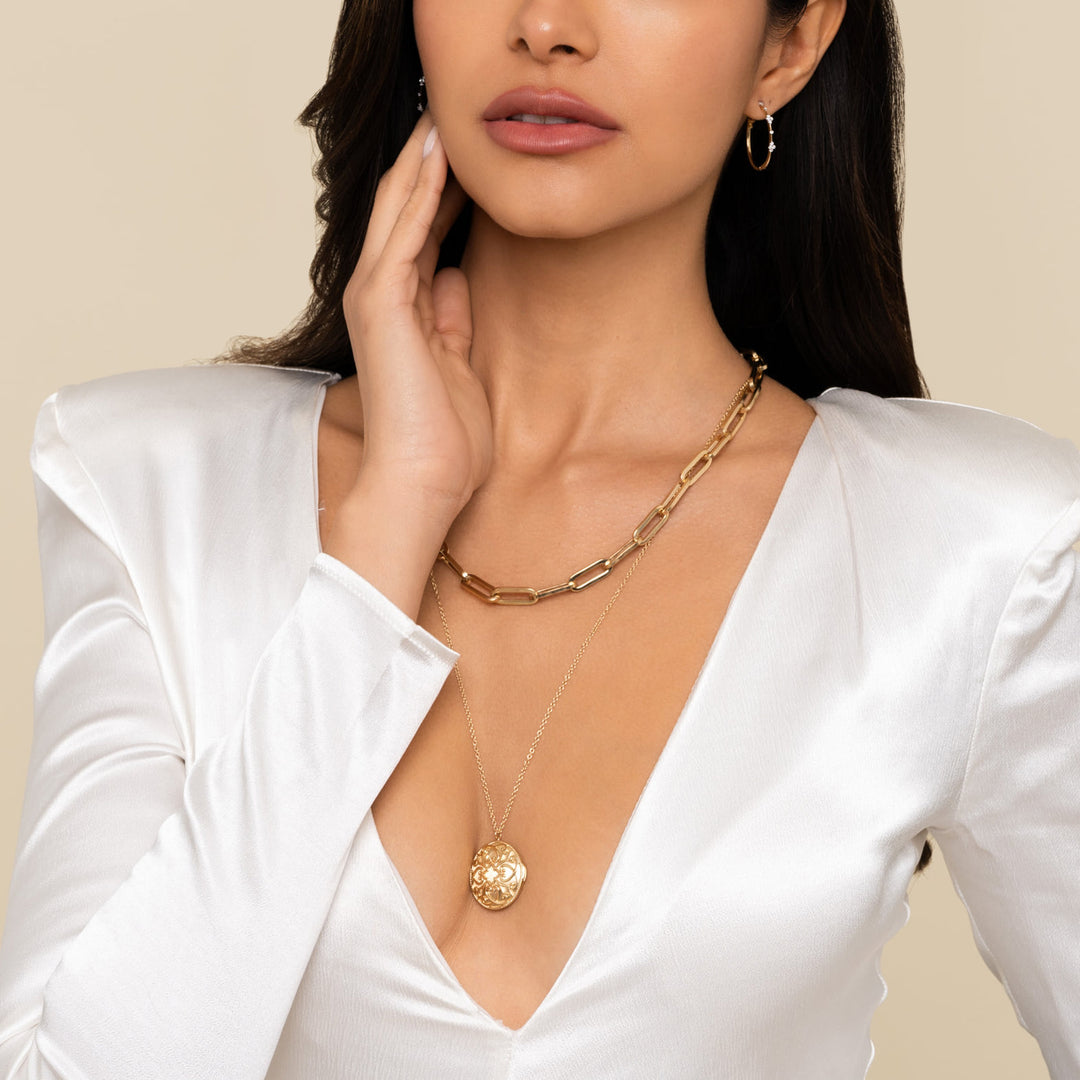 Gabriel & Co. 14K Yellow Gold 30mm Diamond Classic Hoop Earrings — shown on a model; other jewellery sold separately — EG15004Y45JJ