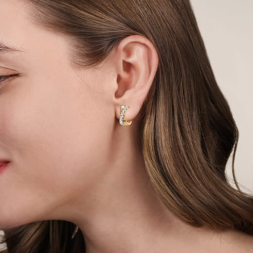 Gabriel & Co. 14K Wite Yellow Gold Diamond J Hoop Stud Earrings With Diamond Cut Texture EG15342M45JJ
