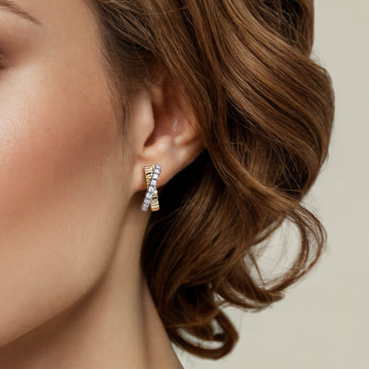 Gabriel & Co. 14K Wite Yellow Gold Diamond J Hoop Stud Earrings With Diamond Cut Texture EG15342M45JJ