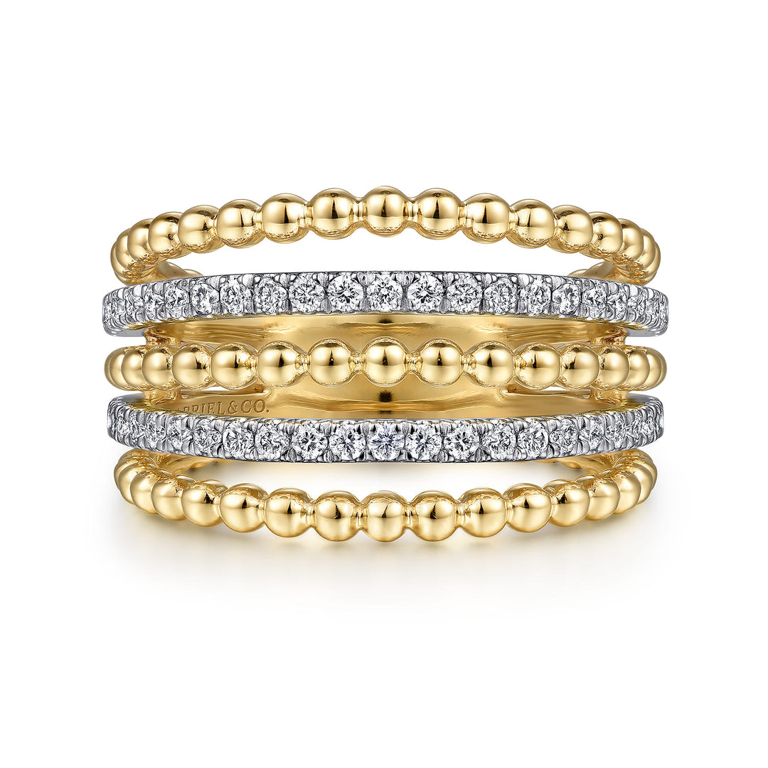 Gabriel & Co. 14K White and Yellow Gold Bujukan Diamond Beaded Wide Band Stackable Ring — front view — LR51667M45JJ