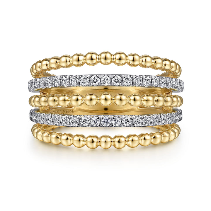 Gabriel & Co. 14K White and Yellow Gold Bujukan Diamond Beaded Wide Band Stackable Ring — front view — LR51667M45JJ