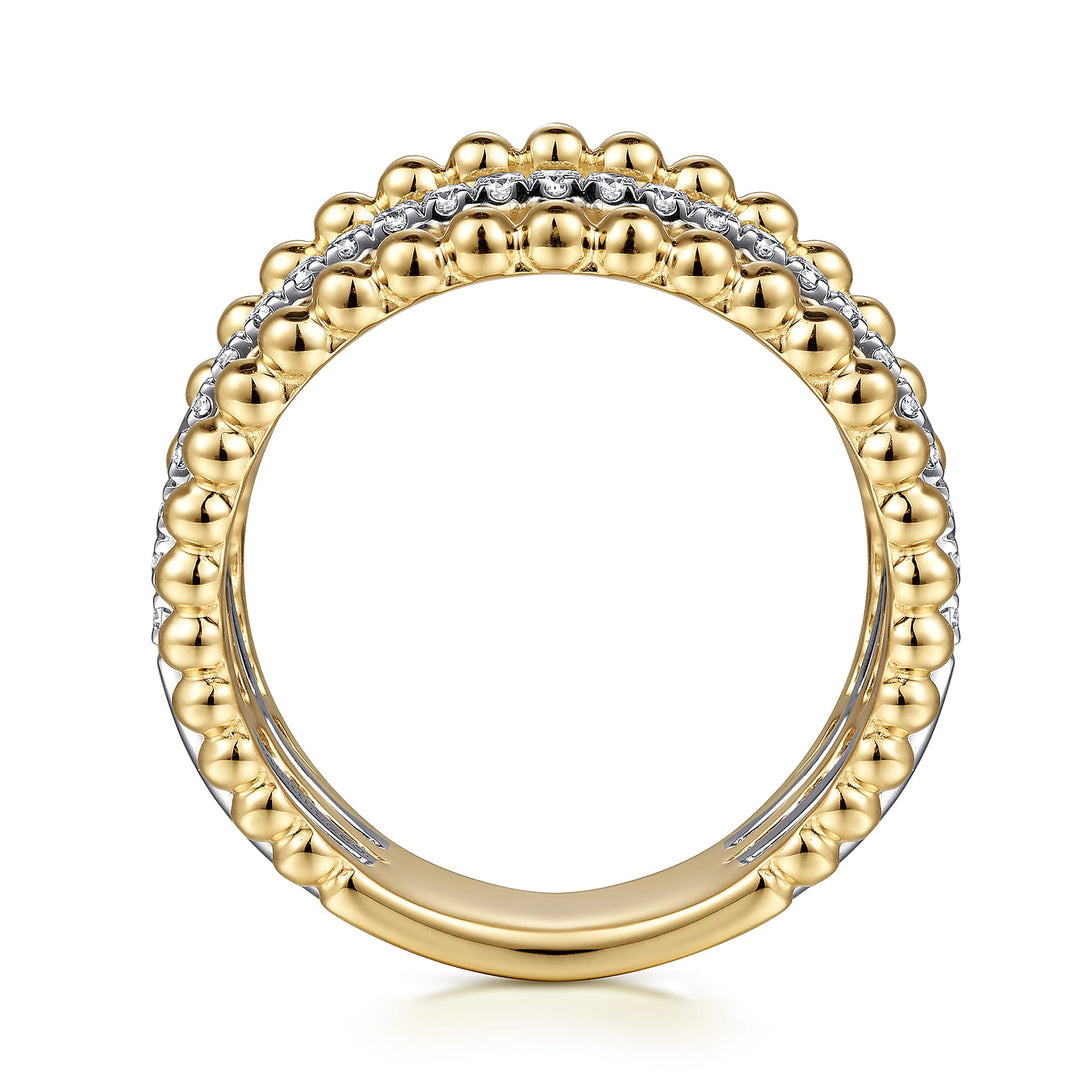 Gabriel & Co. 14K White and Yellow Gold Bujukan Diamond Beaded Wide Band Stackable Ring — profile view — LR51667M45JJ