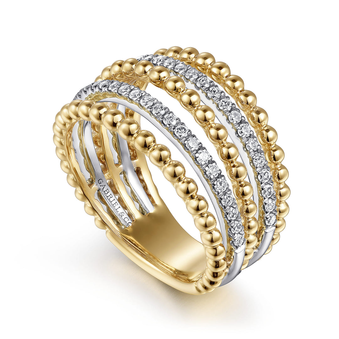 Gabriel & Co. 14K White and Yellow Gold Bujukan Diamond Beaded Wide Band Stackable Ring — angled view — LR51667M45JJ