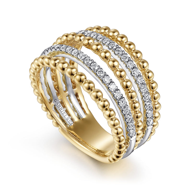Gabriel & Co. 14K White and Yellow Gold Bujukan Diamond Beaded Wide Band Stackable Ring — angled view — LR51667M45JJ