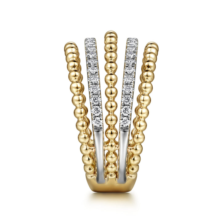 Gabriel & Co. 14K White and Yellow Gold Bujukan Diamond Beaded Wide Band Stackable Ring — side detail — LR51667M45JJ