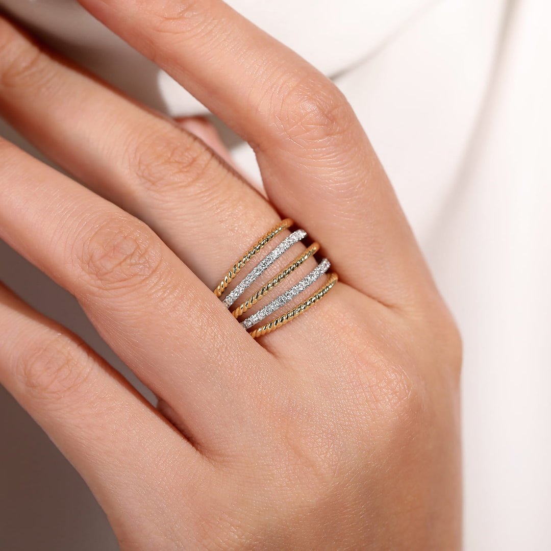 Gabriel & Co. 14K White and Yellow Gold Bujukan Diamond Beaded Wide Band Stackable Ring — shown on a model; other jewellery sold separately — LR51667M45JJ