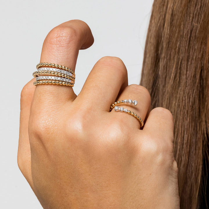 Gabriel & Co. 14K White and Yellow Gold Bujukan Diamond Beaded Wide Band Stackable Ring — shown on a model; other jewellery sold separately — LR51667M45JJ