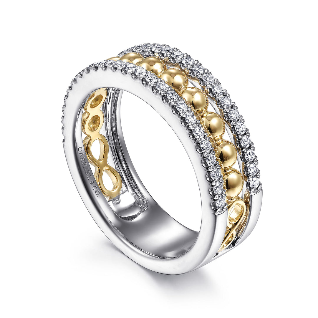 Gabriel & Co. 14K White and Yellow Gold Diamond Wide Band Bujukan Ring — angled view — LR51778M45JJ
