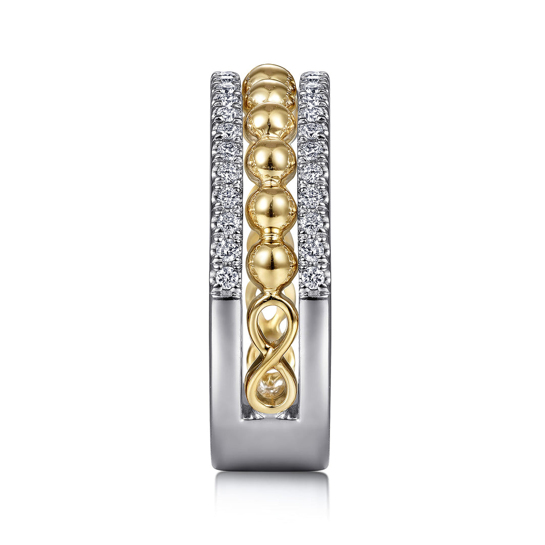 Gabriel & Co. 14K White and Yellow Gold Diamond Wide Band Bujukan Ring — side detail — LR51778M45JJ