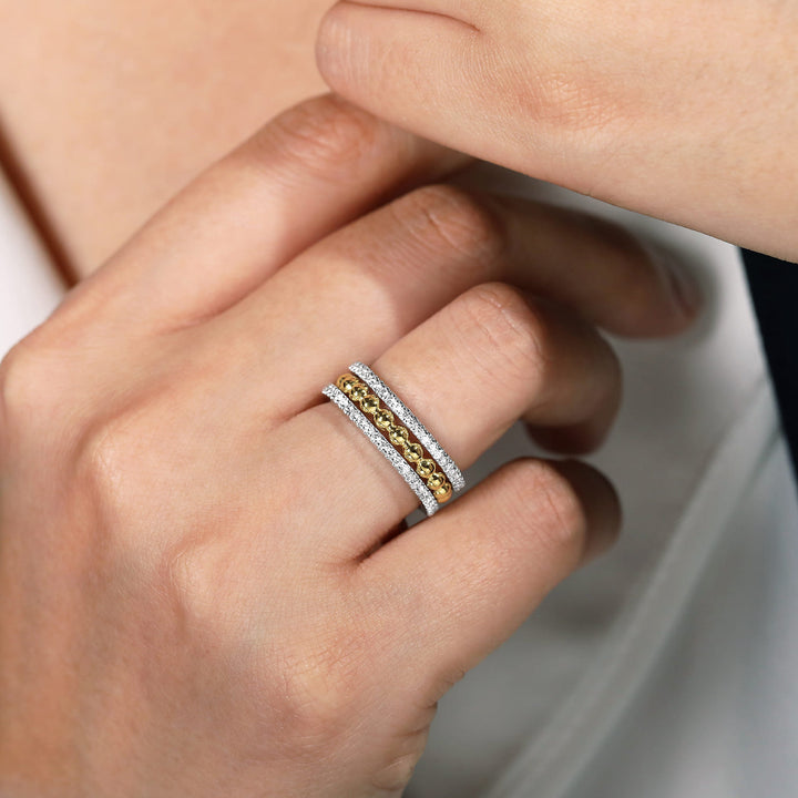 Gabriel & Co. 14K White and Yellow Gold Diamond Wide Band Bujukan Ring — shown on a model; other jewellery sold separately — LR51778M45JJ