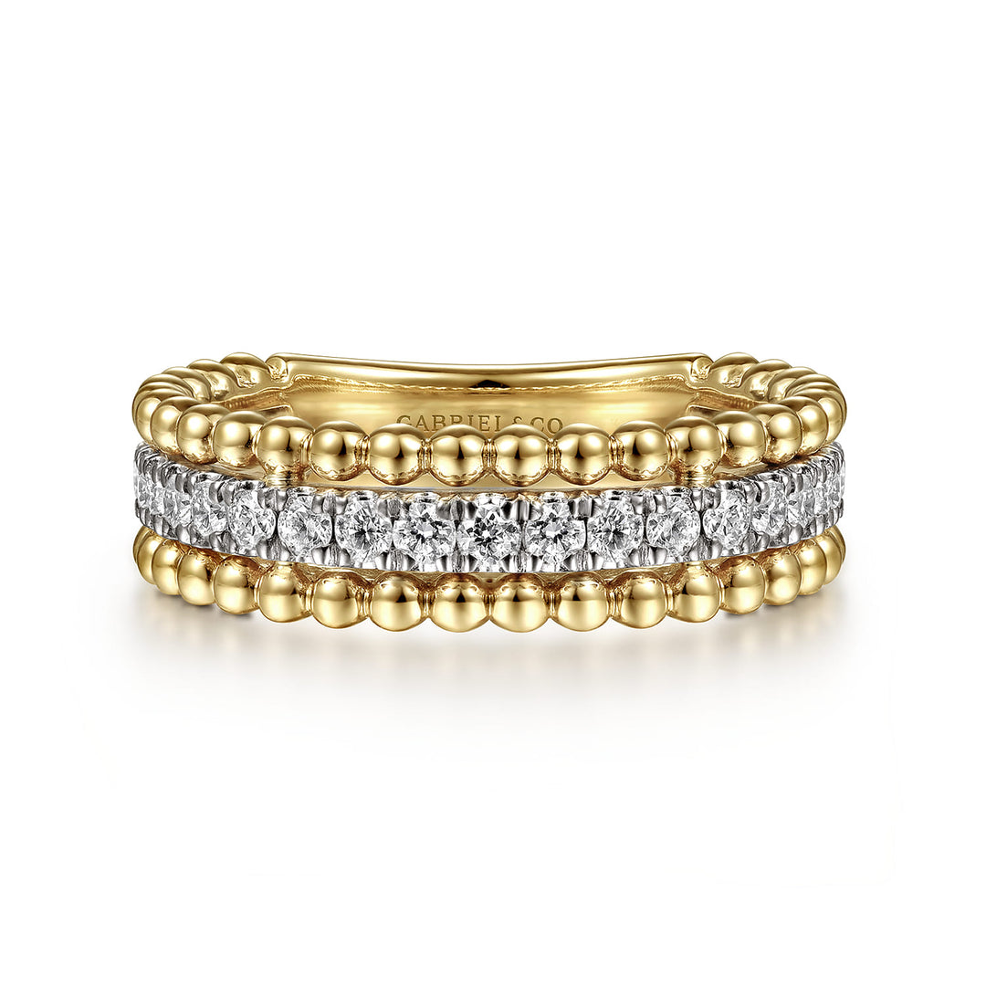 Gabriel & Co. 14K White and Yellow Gold Three Row Diamond and Bujukan Bead Ring — front view — LR52018M45JJ