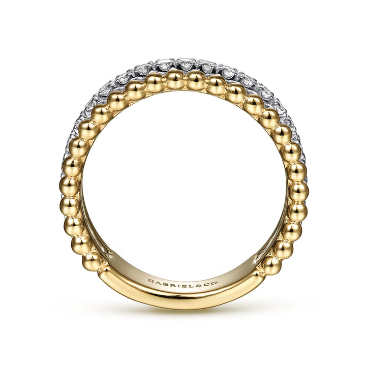 Gabriel & Co. 14K White and Yellow Gold Three Row Diamond and Bujukan Bead Ring — profile view — LR52018M45JJ