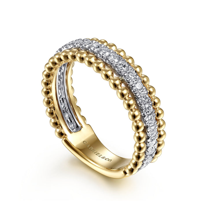 Gabriel & Co. 14K White and Yellow Gold Three Row Diamond and Bujukan Bead Ring — angled view — LR52018M45JJ