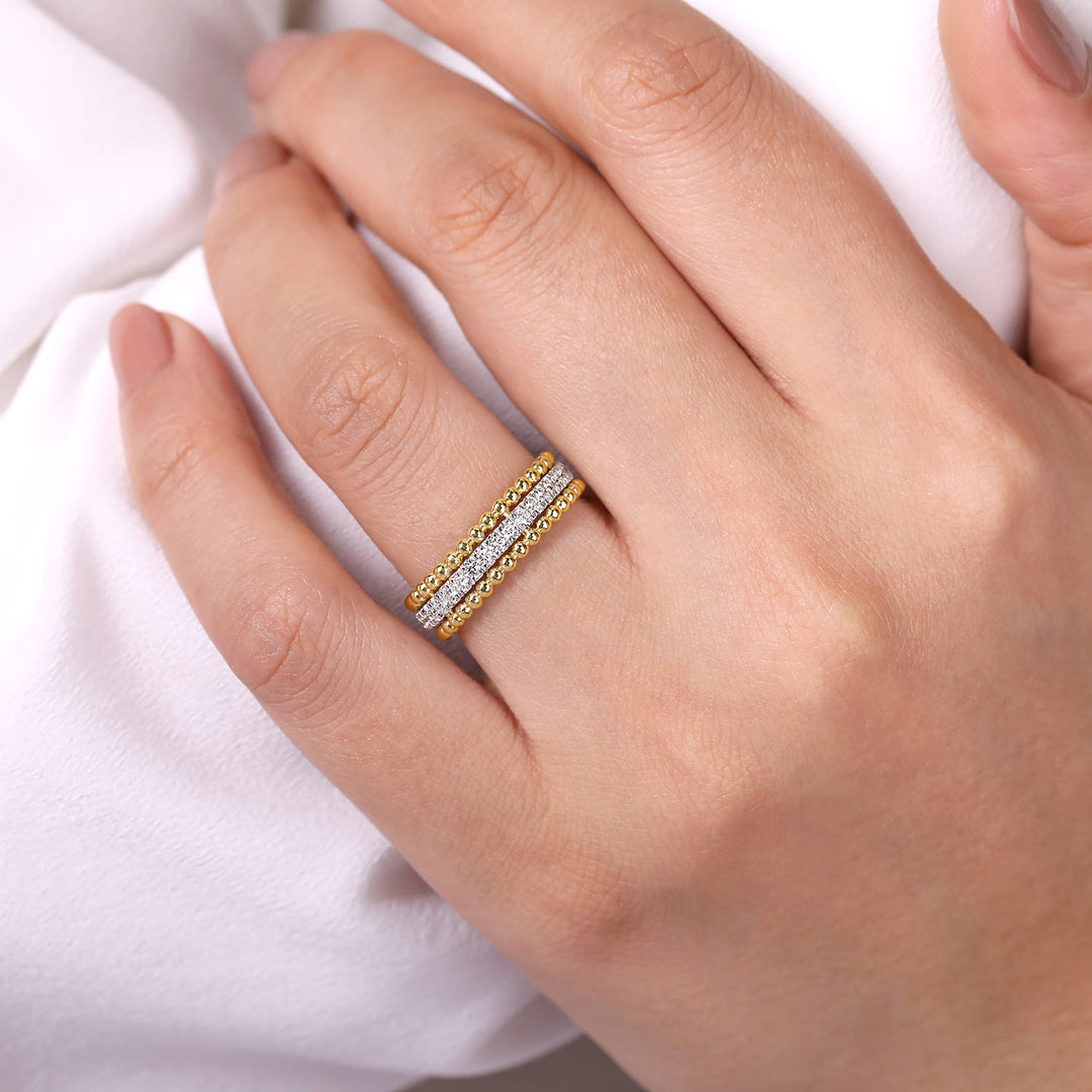 Gabriel & Co. 14K White and Yellow Gold Three Row Diamond and Bujukan Bead Ring — shown on a model; other jewellery sold separately — LR52018M45JJ