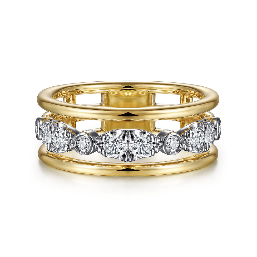 Gabriel & Co. 14K White and Yellow Gold Three Row Diamond Open Ring — front view — LR52032M45JJ