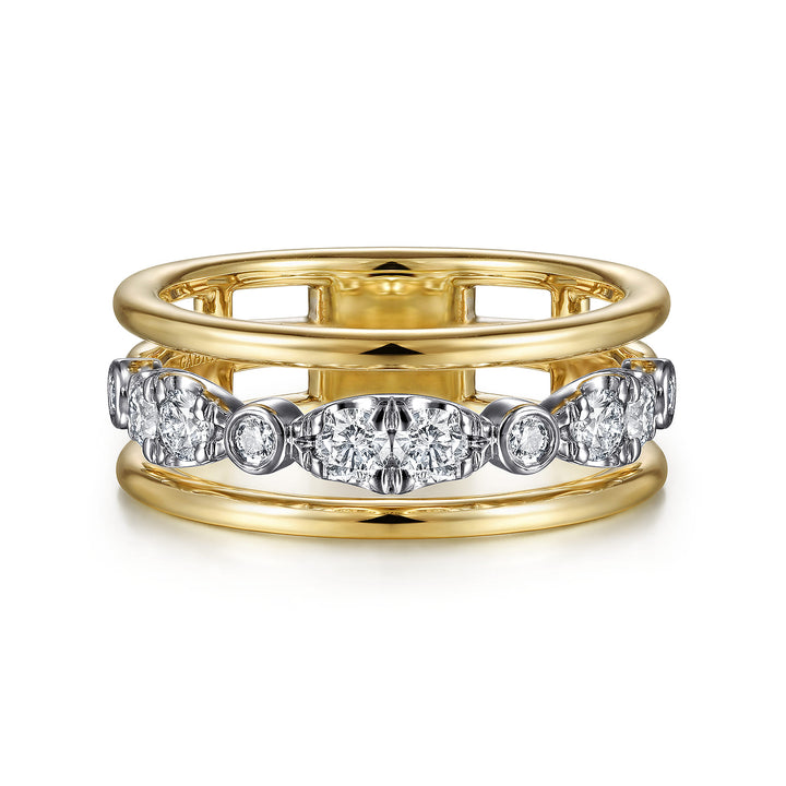 Gabriel & Co. 14K White and Yellow Gold Three Row Diamond Open Ring — front view — LR52032M45JJ
