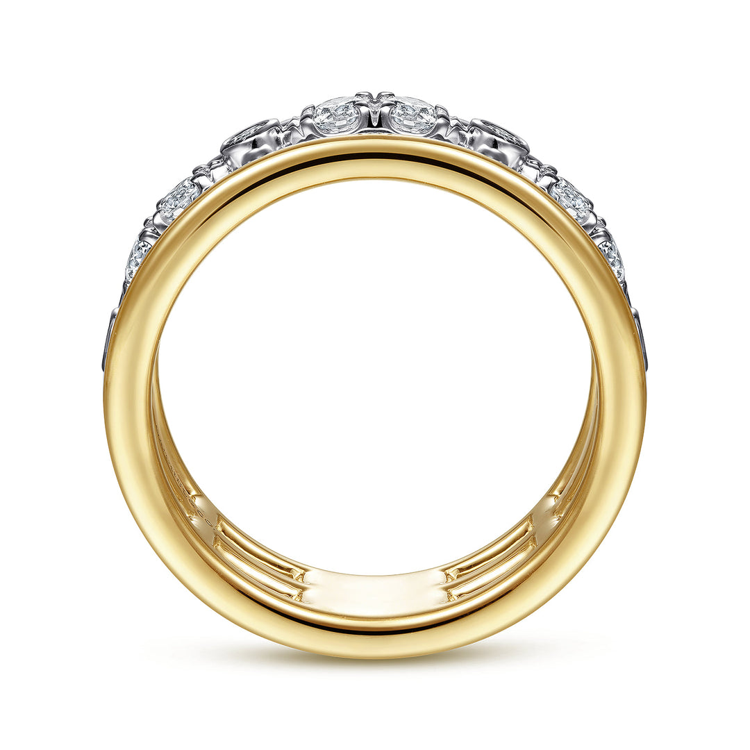 Gabriel & Co. 14K White and Yellow Gold Three Row Diamond Open Ring — profile view — LR52032M45JJ
