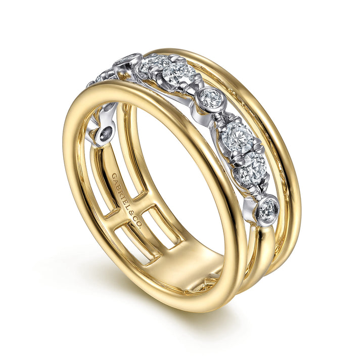 Gabriel & Co. 14K White and Yellow Gold Three Row Diamond Open Ring — angled view — LR52032M45JJ