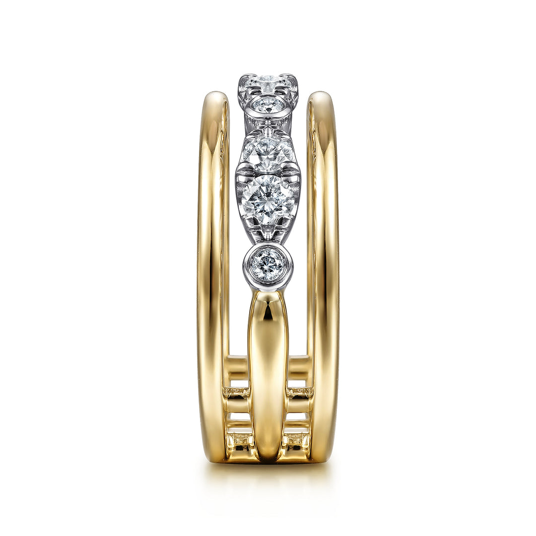 Gabriel & Co. 14K White and Yellow Gold Three Row Diamond Open Ring — side detail — LR52032M45JJ