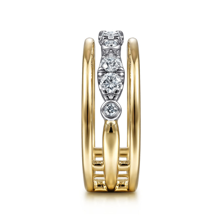 Gabriel & Co. 14K White and Yellow Gold Three Row Diamond Open Ring — side detail — LR52032M45JJ