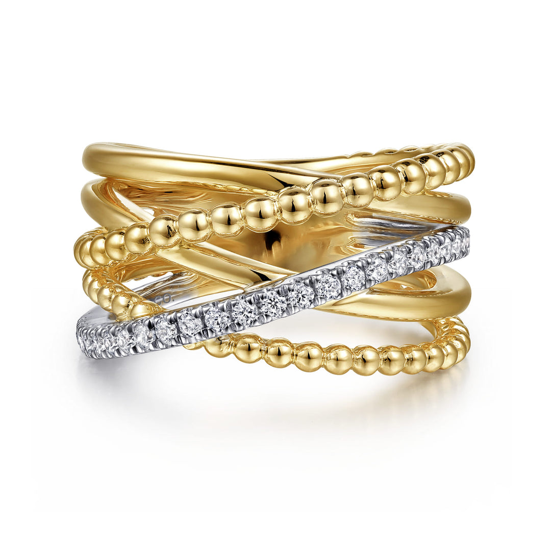 Gabriel & Co. 14K White and Yellow Gold Bujukan Diamond Wide Band Criss Cross Ring — front view — LR52202M45JJ