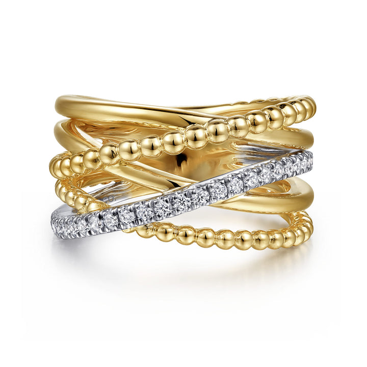 Gabriel & Co. 14K White and Yellow Gold Bujukan Diamond Wide Band Criss Cross Ring — front view — LR52202M45JJ