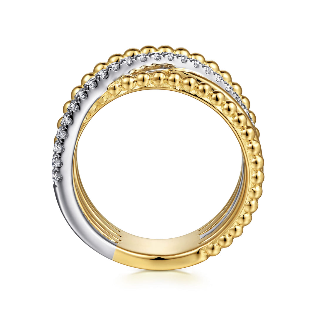 Gabriel & Co. 14K White and Yellow Gold Bujukan Diamond Wide Band Criss Cross Ring — profile view — LR52202M45JJ