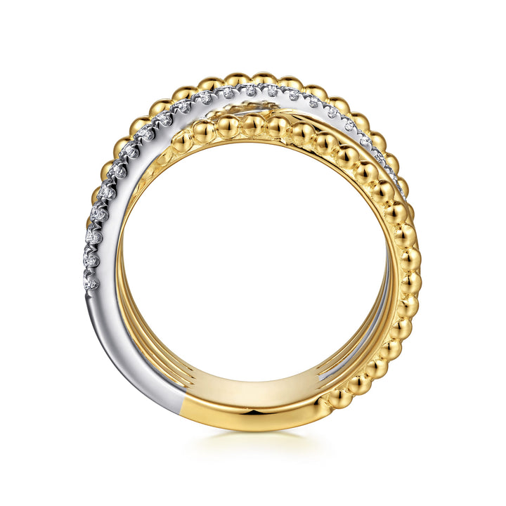 Gabriel & Co. 14K White and Yellow Gold Bujukan Diamond Wide Band Criss Cross Ring — profile view — LR52202M45JJ