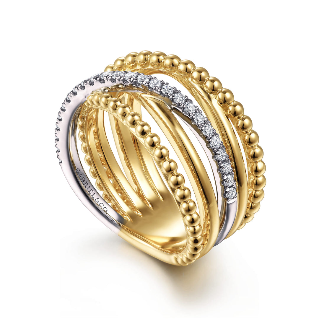 Gabriel & Co. 14K White and Yellow Gold Bujukan Diamond Wide Band Criss Cross Ring — angled view — LR52202M45JJ
