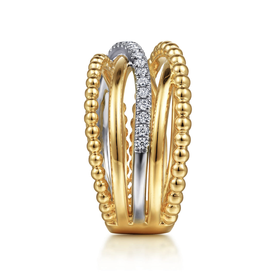 Gabriel & Co. 14K White and Yellow Gold Bujukan Diamond Wide Band Criss Cross Ring — side detail — LR52202M45JJ