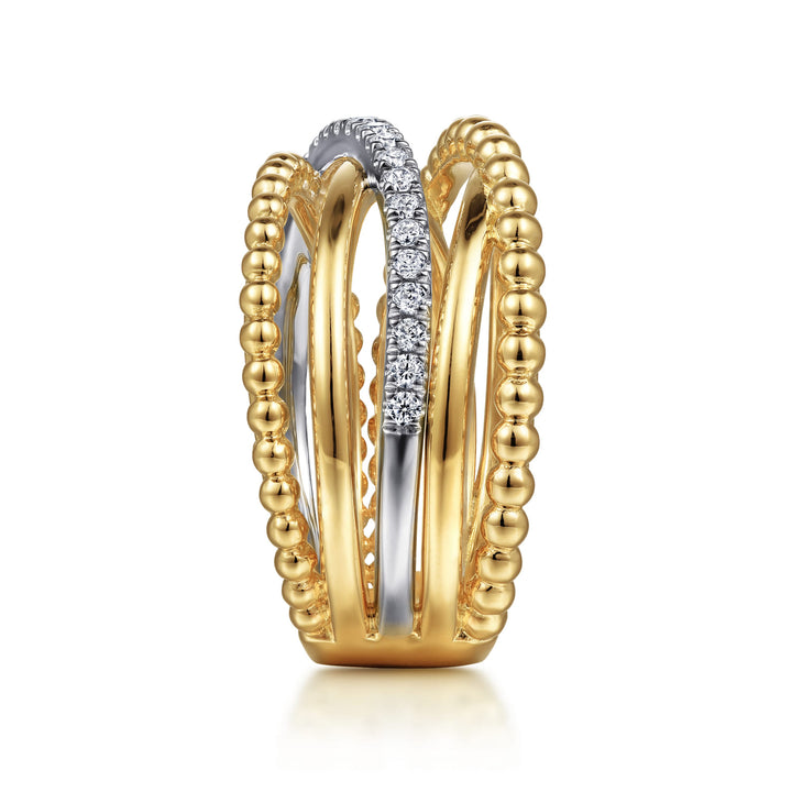 Gabriel & Co. 14K White and Yellow Gold Bujukan Diamond Wide Band Criss Cross Ring — side detail — LR52202M45JJ