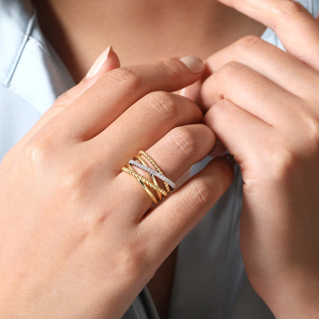Gabriel & Co. 14K White and Yellow Gold Bujukan Diamond Wide Band Criss Cross Ring — shown on a model; other jewellery sold separately — LR52202M45JJ