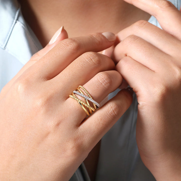 Gabriel & Co. 14K White and Yellow Gold Bujukan Diamond Wide Band Criss Cross Ring — shown on a model; other jewellery sold separately — LR52202M45JJ
