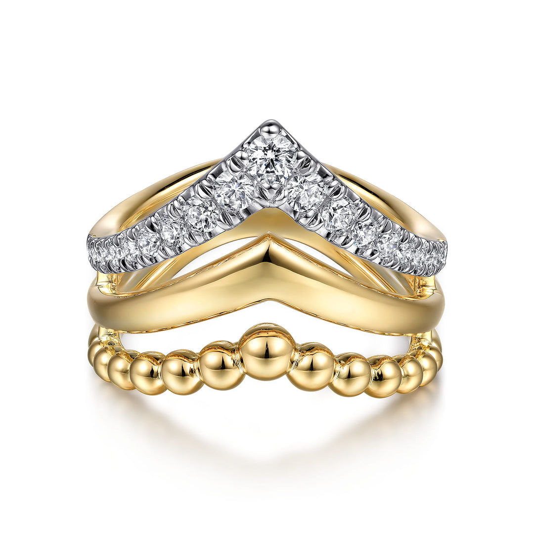 Gabriel & Co. 14K Yellow Gold Bujukan Punk Triple Row Chevron Diamond Ring — front view — LR52348Y45JJ