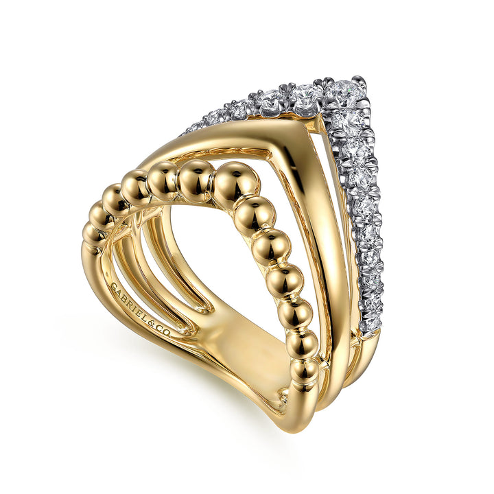 Gabriel & Co. 14K Yellow Gold Bujukan Punk Triple Row Chevron Diamond Ring — angled view — LR52348Y45JJ