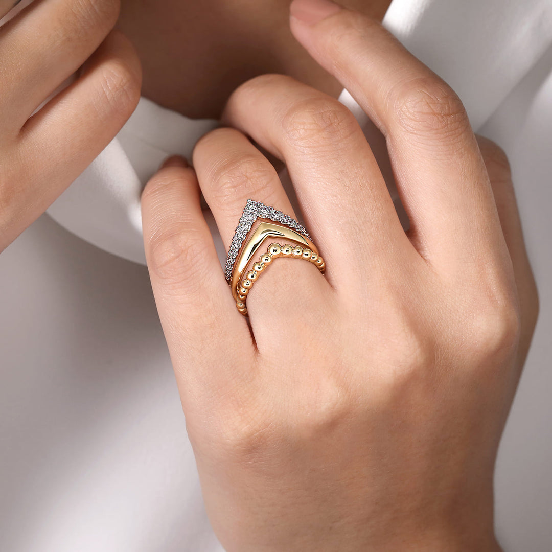 Gabriel & Co. 14K Yellow Gold Bujukan Punk Triple Row Chevron Diamond Ring — shown on a model; other jewellery sold separately — LR52348Y45JJ