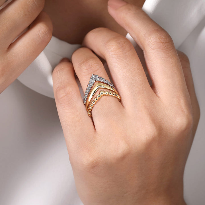 Gabriel & Co. 14K Yellow Gold Bujukan Punk Triple Row Chevron Diamond Ring — shown on a model; other jewellery sold separately — LR52348Y45JJ